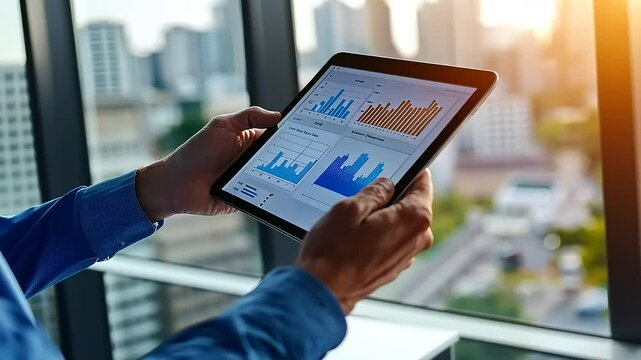 Business professional analyzing data on a tablet with city skyline view during sunset