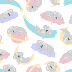 Adorable sleeping koalas in space on white background. Vector seamless pattern with Australian bear. Cute childish bed linen design. Hand drawn marsupials for kids scrapbooking. Nursery wallpaper.