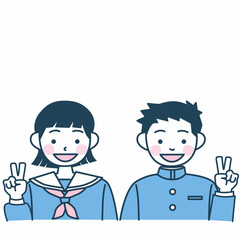 笑顔でピースする学生たちのベクターイラスト