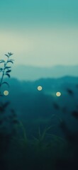 Tranquil Mountain Scene with Glowing Lights and Misty Atmospheric Effect