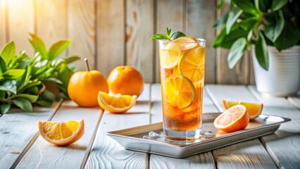 Fototapeta premium Refreshing Citrus Drink with Orange Slices on Wooden Table
