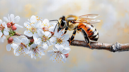 Naklejka premium Bee pollinating blossoms spring garden nature photography close-up vibrant environment importance of pollinators