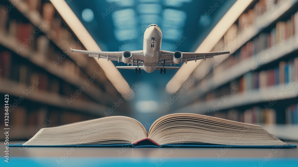 Poster a miniature airplane hovering above an open book in a library, symbolizing the power of knowledge to