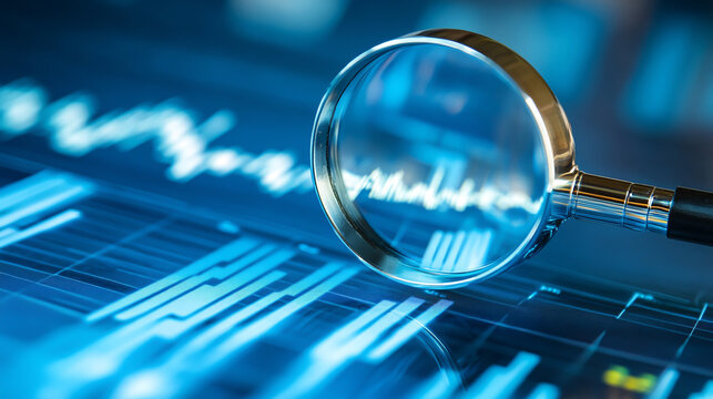 Business data analysis depicted with a magnifying glass on a blue background.
