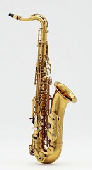 Elegant golden saxophone on white background with detailed keys and glossy finish