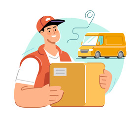 Delivery service, moving. Logistics and wholesale concept. Loader with cardboard box. Courier delivering parcel