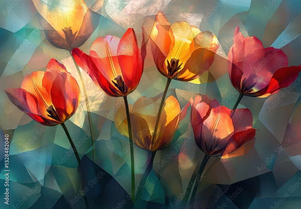Poster vibrant abstract composition of colorful tulips with soft light and textured background for artistic