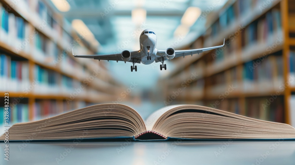 Poster a miniature airplane hovering above an open book in a library, symbolizing the power of knowledge to