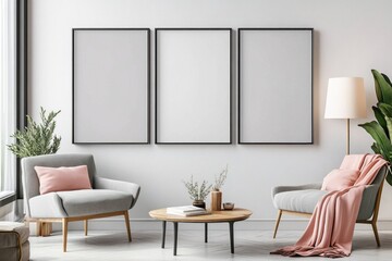 Minimalist living room with three blank frames, armchairs, and coffee table.
