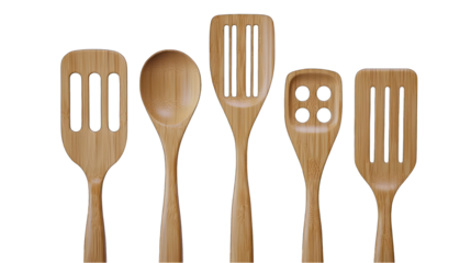 A set of bamboo kitchen utensils on a white background