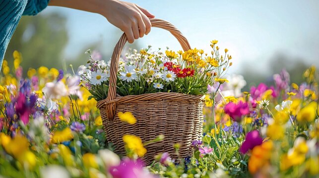 Hand Holding a Wicker Basket Filled with Colorful Fresh Flowers