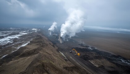 Fototapeta premium Industrial landscape with smokestacks and heavy machinery remote area aerial view monochrome environment environmental impact