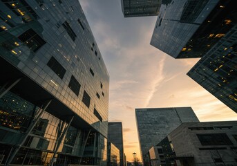 Modern cityscape at sunset featuring geometric architecture and reflective glass facades