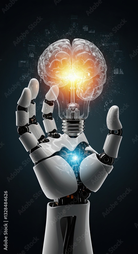 Poster futuristic robotic hand holding illuminated brain lightbulb with circuitry background