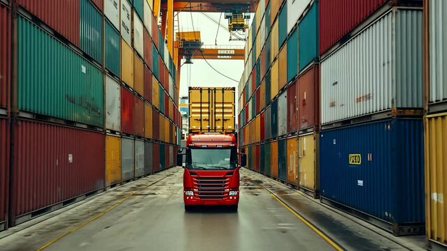 Red Truck Amidst a Maze of Cargo Containers at Port