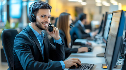 A businessman engaged in call center and web support communication at a computer, smiling during a phone conversation as he provides customer service in a consulting agency.