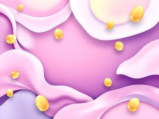 Easter background with eggs and pink wavy background. Vector illustration.