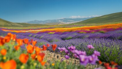 Vibrant Colorful Flower Field with Lavender, Poppies, and Hills Under Clear Blue Sky in Scenic Nature Landscape, Capturing the Beauty of Spring Bloom
