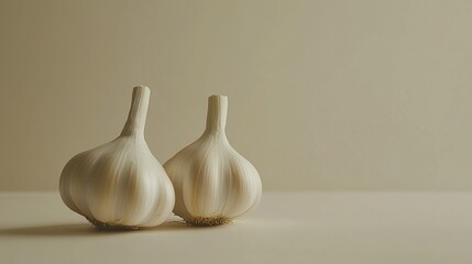 Two fresh garlic bulbs displayed on a minimalist background, showcasing their natural texture and form.