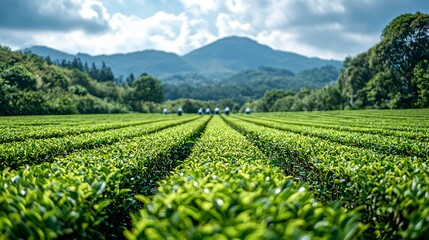 Lush Green Tea Fields Under Blue Sky and Mountains in Background