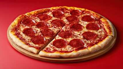 Delicious pepperoni pizza sliced and ready to serve on a vibrant red background, perfect for food photography or restaurant menus.