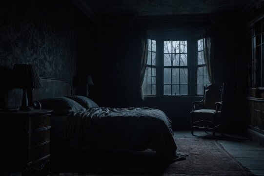 Haunted house interior featuring a shadowy bedroom and ghostly ambiance
