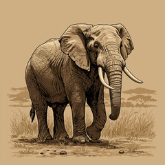 Naklejka premium Elephant Walking Through Grassy Savanna in Artistic Vintage Style Illustration