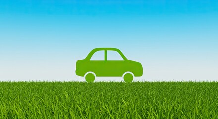 Eco-friendly green car cutout in lush field against blue sky