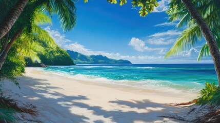 Serene Tropical Beach Paradise:  Palm Trees, White Sand, Turquoise Ocean