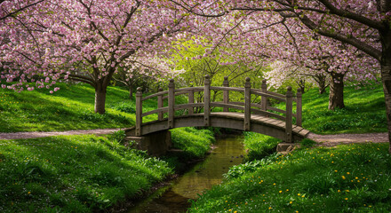 Fototapeta premium A charming wooden bridge arching over a gentle stream, embraced by cherry blossoms in full bloom and lush green spring foliage. A serene and picturesque escape into nature
