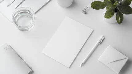 White stationery mockup, desk, plant, background