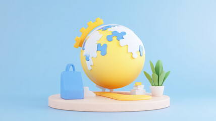 3D illustration of puzzle globe with bright colors and accessories