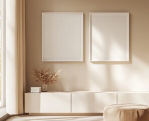 Minimalist living room with two blank frames, pampas grass, and beige furniture.