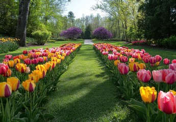 Vibrant Floral Pathway Surrounded by Tulips and Lush Greenery in a Beautiful Garden Setting During Spring Season
