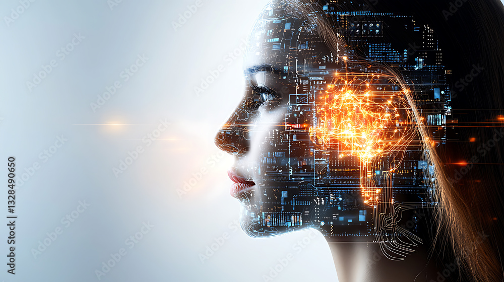 Poster exploring artificial intelligence integration digital art portrait futuristic side profile technolog