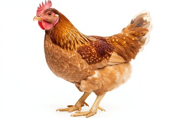 Fototapeta premium Standing Brown Chicken on White Background in Studio Lighting