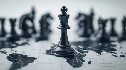 Chess match played on a world map concept showing business and geopolitical warfare. Crisp, clear, and visually striking.