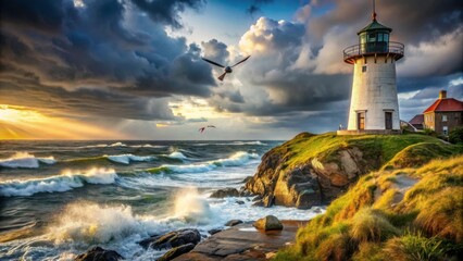 Obraz premium Majestic Lighthouse Amidst Dramatic Seascape and Darkening Skies