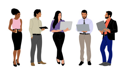 Obraz premium Set of Business people working at laptop, Different men and women wearing smart casual, formal office outfits standing, looking at computer. Vector illustration isolated on transparent background.