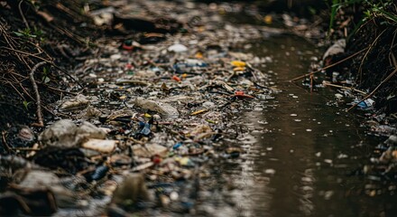 Fototapeta premium Plastic pollution in rain channel highlighting environmental concerns and water pollution issues