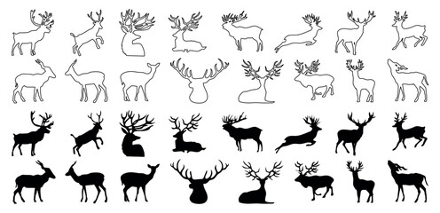 Deer black silhouette and line art icons isolated on a white background.