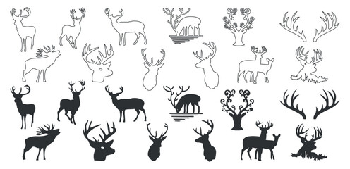 Deer black silhouette and line art icons isolated on a white background.
