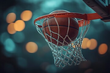 Fototapeta premium Dramatic Basketball Swish Close-up of Ball in Net at Night
