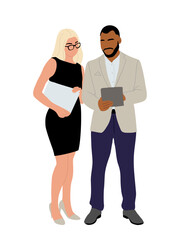 Fototapeta premium Multiracial Business couple, blond woman in office dress and african american man in suit standing and working together on digital tablet. Colorful vector illustration isolated