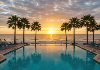 Breathtaking beachside sunset with palm trees and tranquil pool reflection