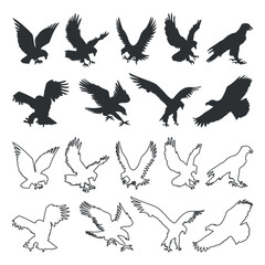 Set of eagle silhouette and line art icons design vector illustration.