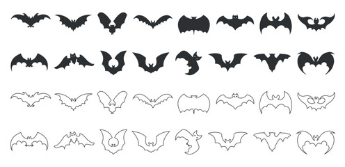 Bats silhouettes and line art vector icon set collection
