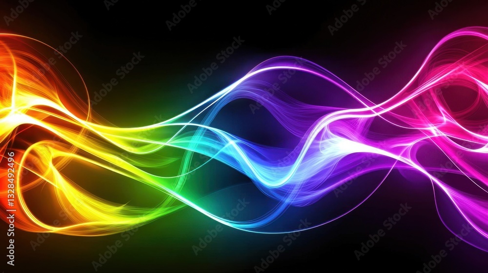 Poster a mesmerizing display of glowing wavy lines in vivid colors, flowing dynamically in a futuristic, hi
