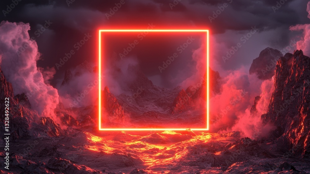 Fototapete a mesmerizing neon square frame hovering above a glowing terrain, casting reflections over stormy cl