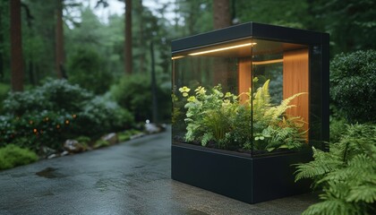 Serene glasshouse garden amidst a snowy forest nature photography tranquil environment minimalist design